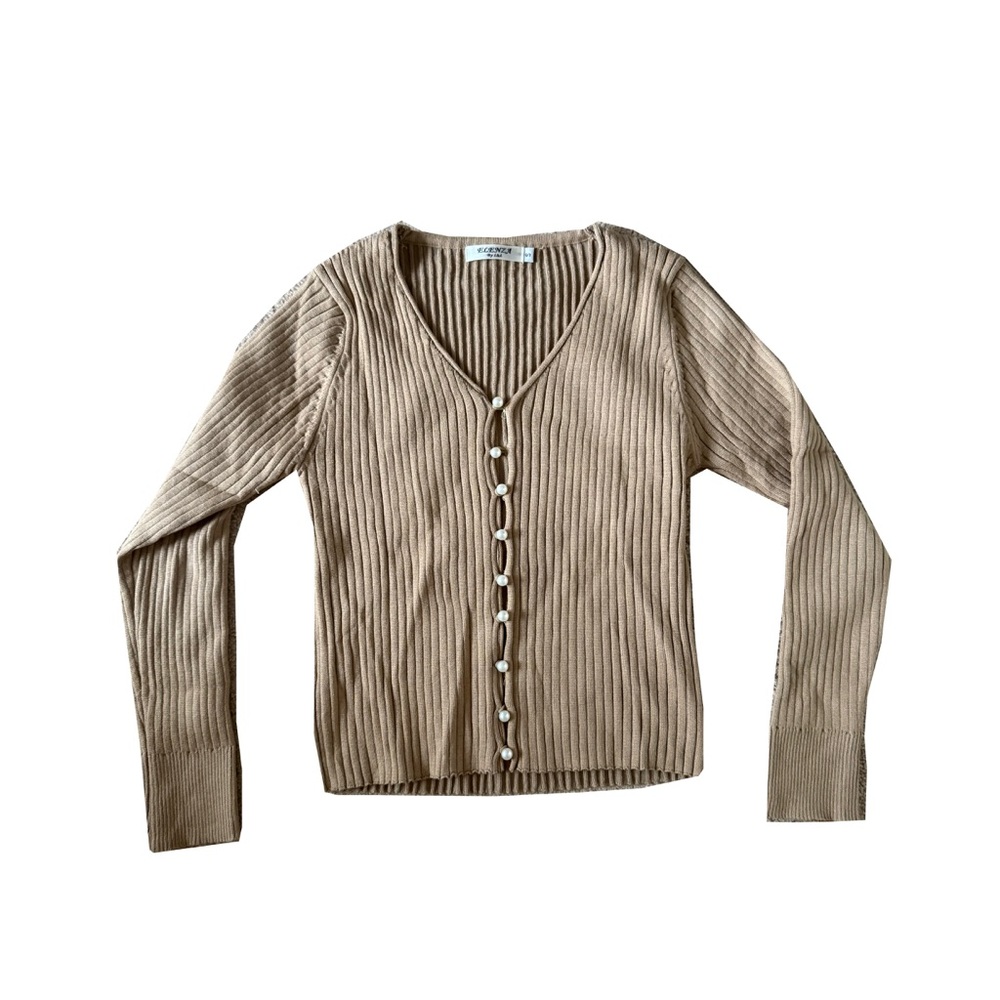 Tan Ribbed Cardigan with Button Detail